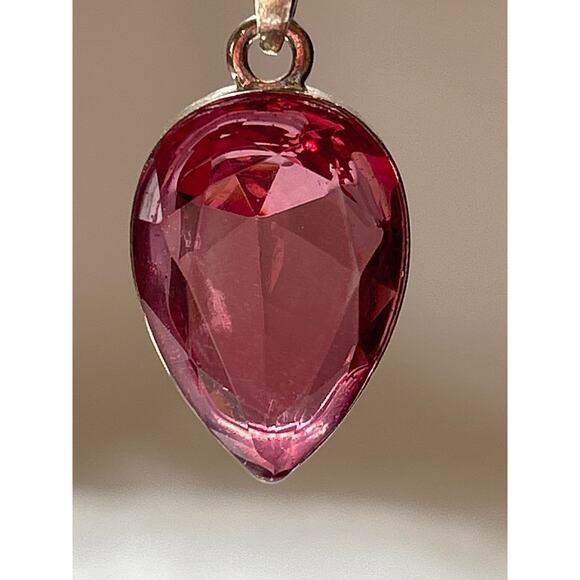 Deep Red Pink Translucent Teardrop Pendant on Sterling Ball Bead Chain 18” - Picture 3 of 10